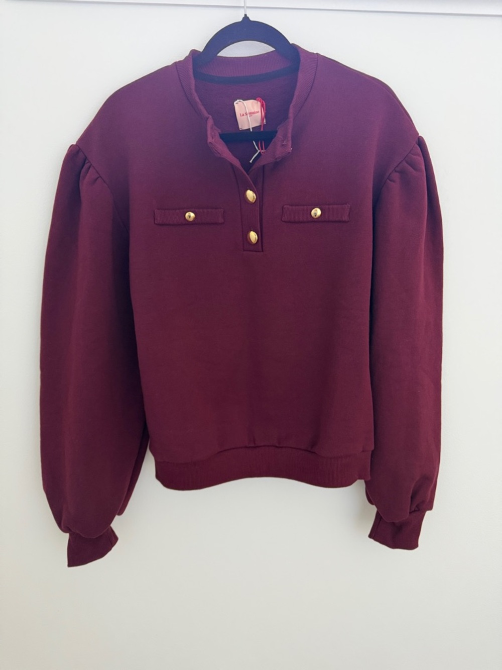 Long-Sleeve Burgundy Puff-Sleeve Pullover with Gold Buttons